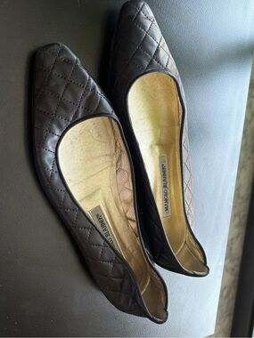 Manolo Blahnik Quilted Dark Brown Leather Ballet Flats